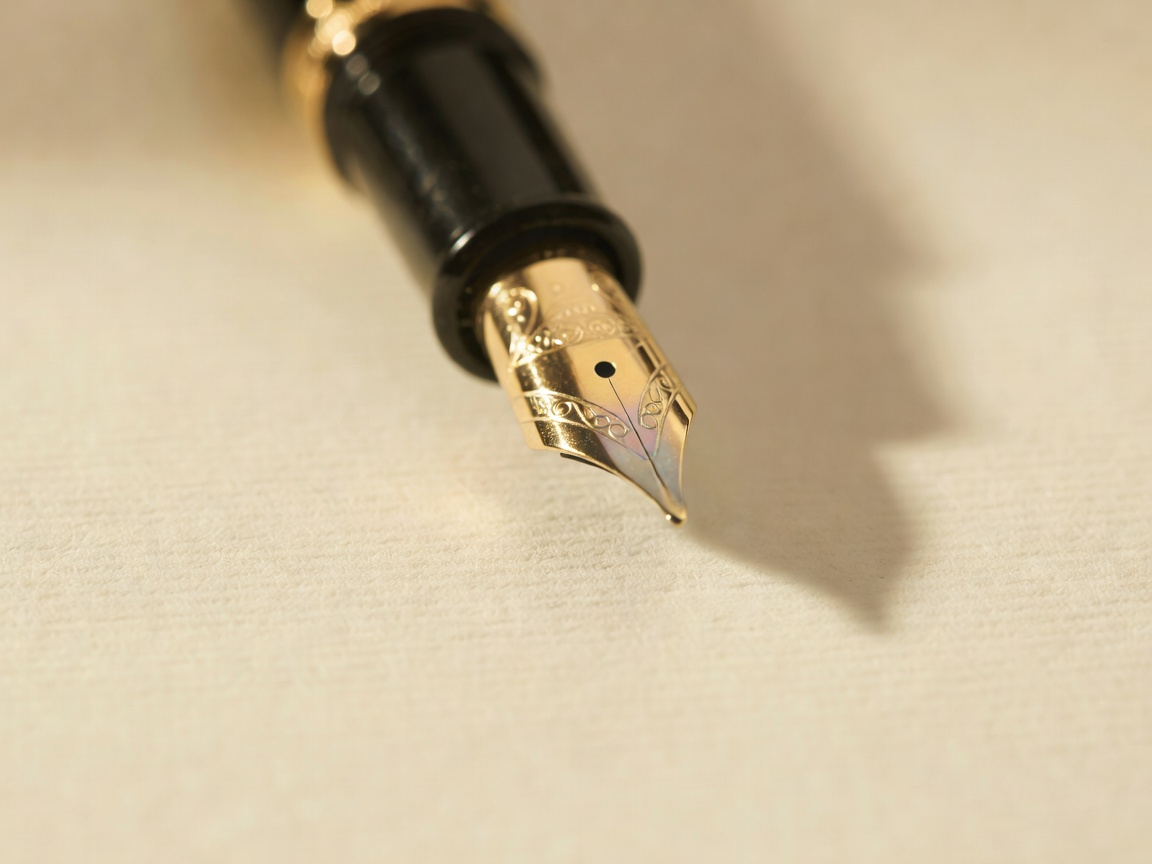 Close-up of a fountain pen nib on cream writing paper