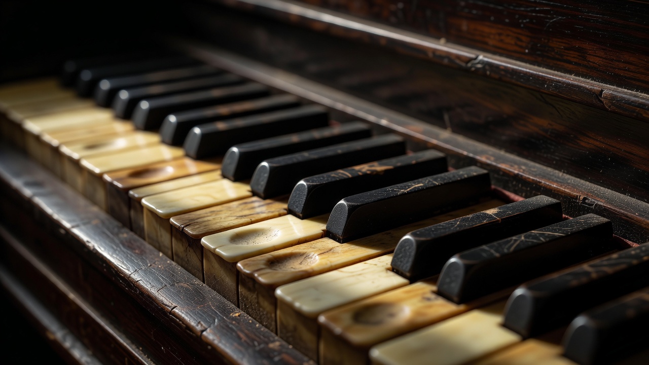Shallow-focus macro of worn harpsichord keys in dark wood and bone, light falling across them