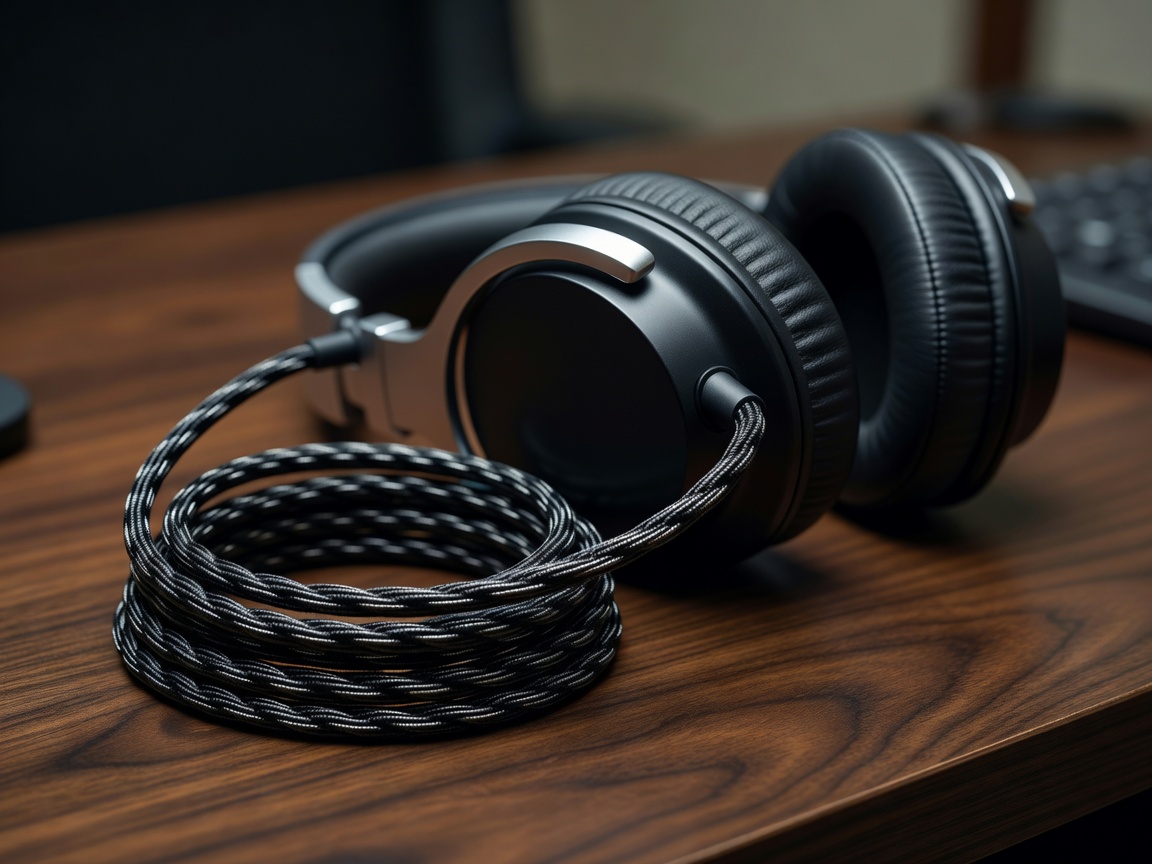 Shallow-focus detail of studio headphones and a coiled cable on a desk