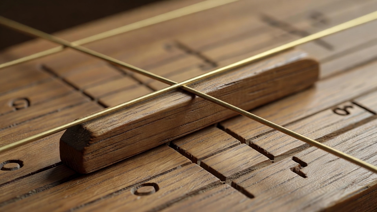 Close-up of a wooden monochord bridge dividing a single brass string, with markings for ratios on the soundboard