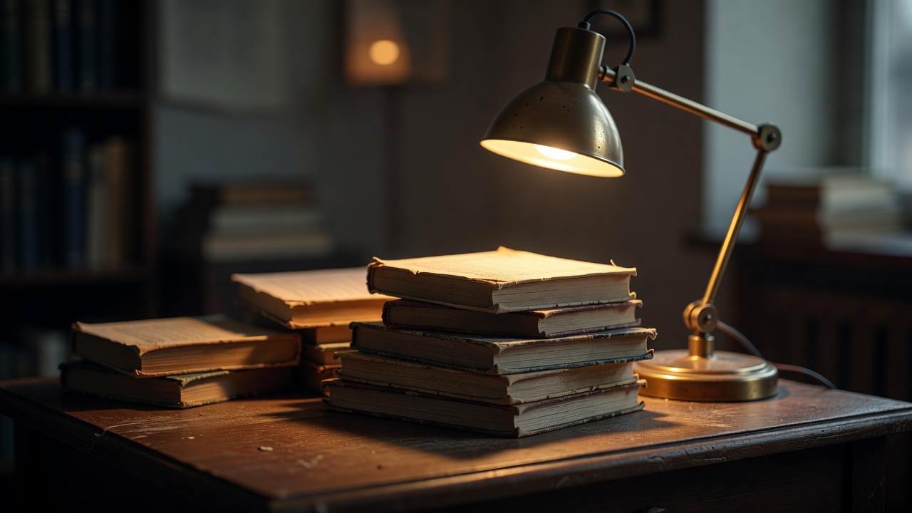 Reading lamp glowing over a stack of music theory books