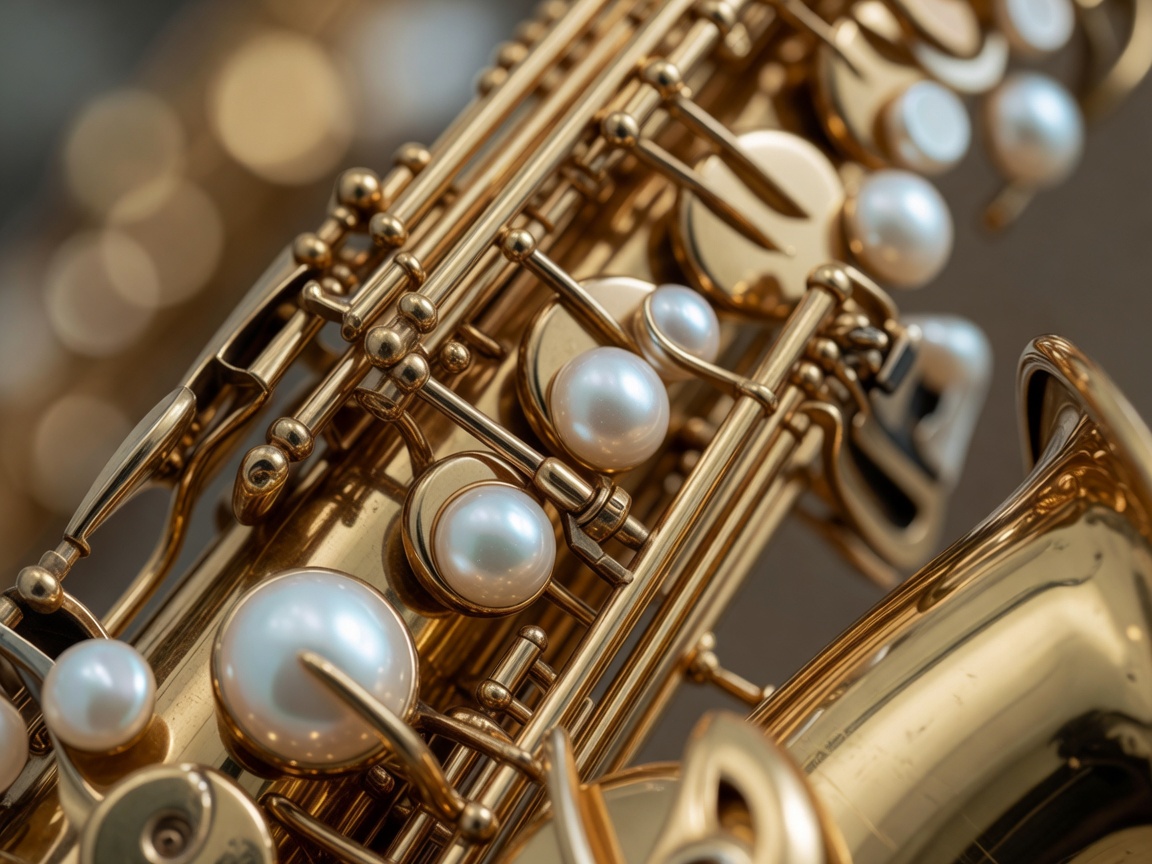 Shallow-focus close-up of brass saxophone keys and pearl touchpieces under low warm light