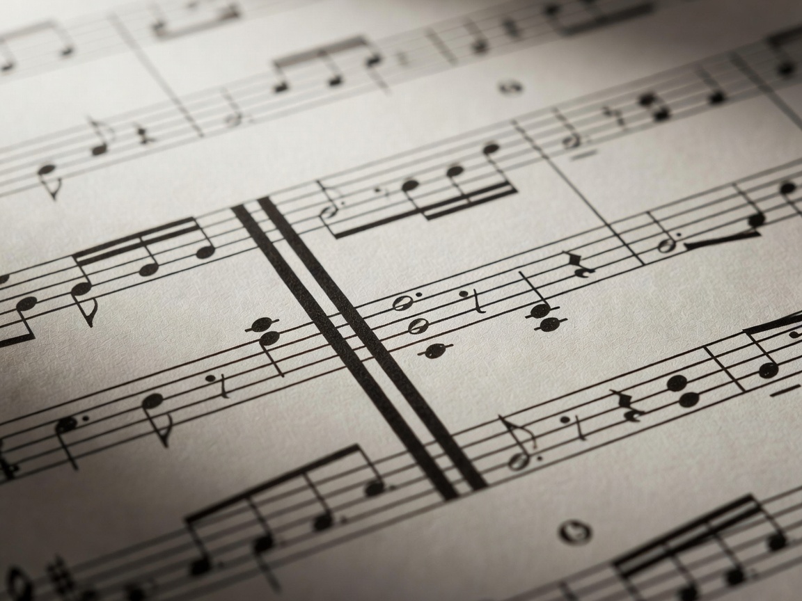 Macro photograph of printed sheet music showing a final cadence and double bar line