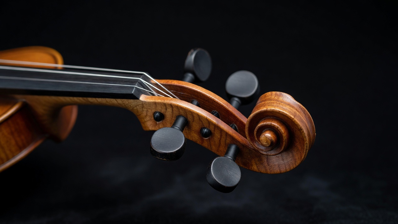 Close-up of the carved scroll and tuning pegs of a violin, shallow focus against a dark background